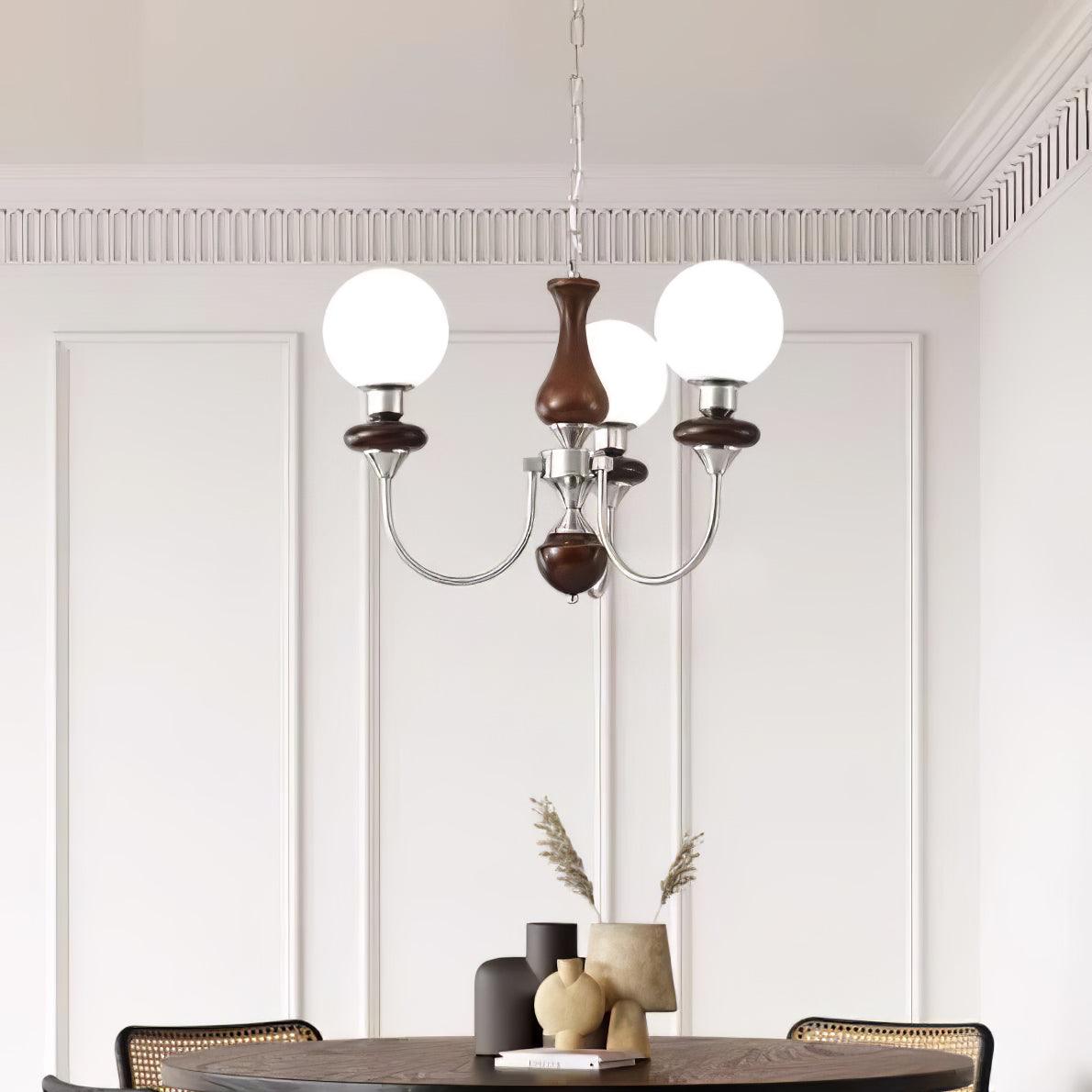 Vintage Walnut Wood and Solid Brass Gasolier Chandelier Retro Glass Globe Pendant Light