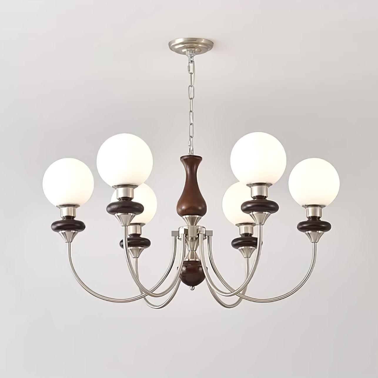Vintage Walnut Wood and Solid Brass Gasolier Chandelier Retro Glass Globe Pendant Light