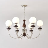 Vintage Walnut Wood and Solid Brass Gasolier Chandelier Retro Glass Globe Pendant Light