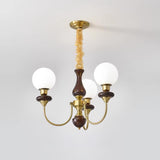 Vintage Walnut Wood and Solid Brass Gasolier Chandelier Retro Glass Globe Pendant Light