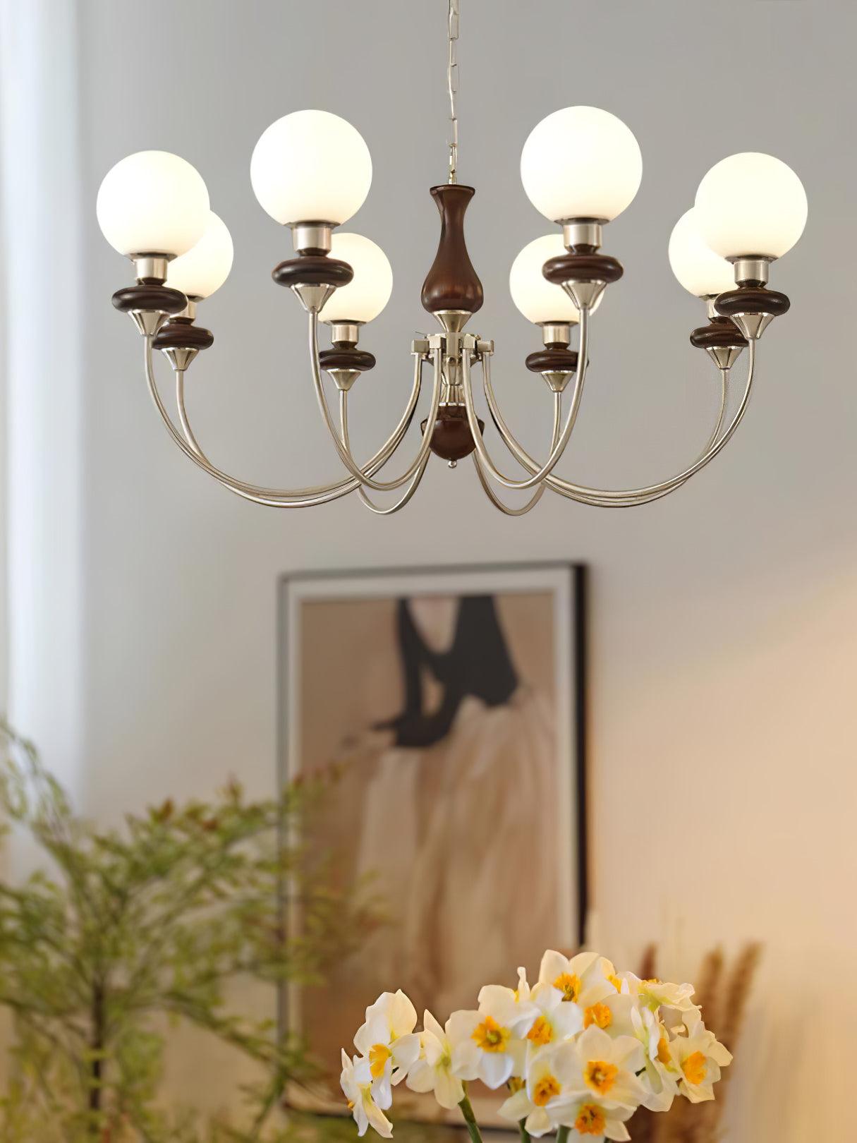 Vintage Walnut Wood and Solid Brass Gasolier Chandelier Retro Glass Globe Pendant Light