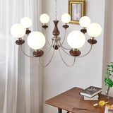 Vintage Walnut Wood and Solid Brass Gasolier Chandelier Retro Glass Globe Pendant Light