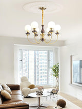 Vintage Walnut Wood and Solid Brass Gasolier Chandelier Retro Glass Globe Pendant Light