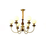 Vintage Walnut Wood and Solid Brass Gasolier Chandelier Retro Glass Globe Pendant Light