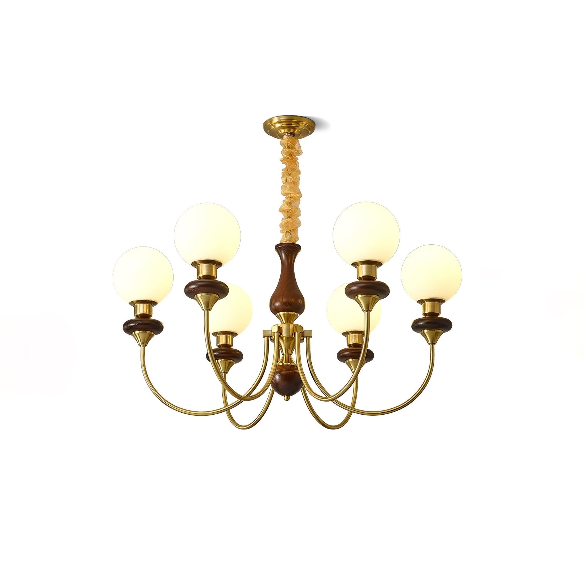 Vintage Walnut Wood and Solid Brass Gasolier Chandelier Retro Glass Globe Pendant Light
