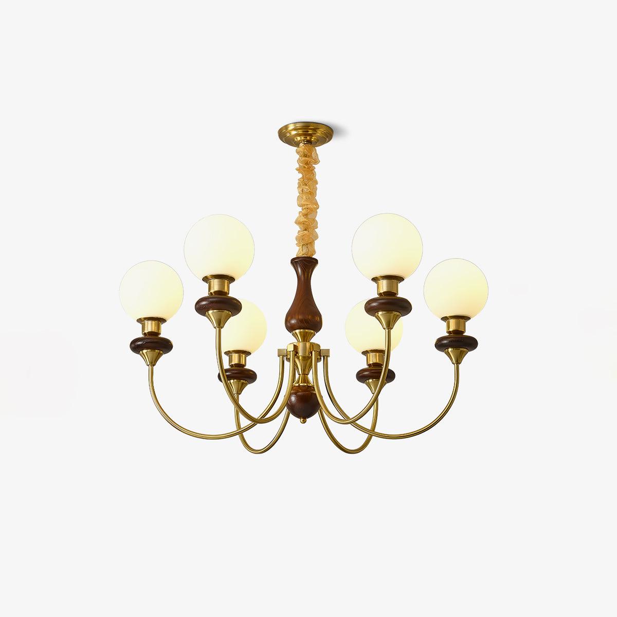 Vintage Walnut Wood and Solid Brass Gasolier Chandelier Retro Glass Globe Pendant Light