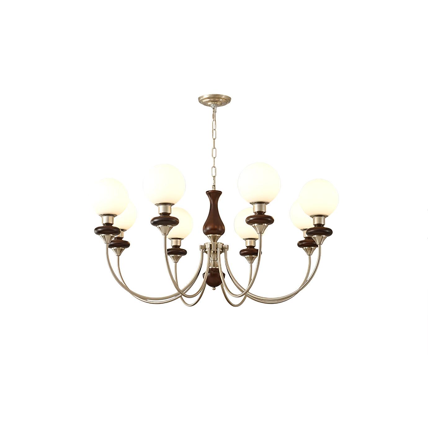 Vintage Walnut Wood and Solid Brass Gasolier Chandelier Retro Glass Globe Pendant Light