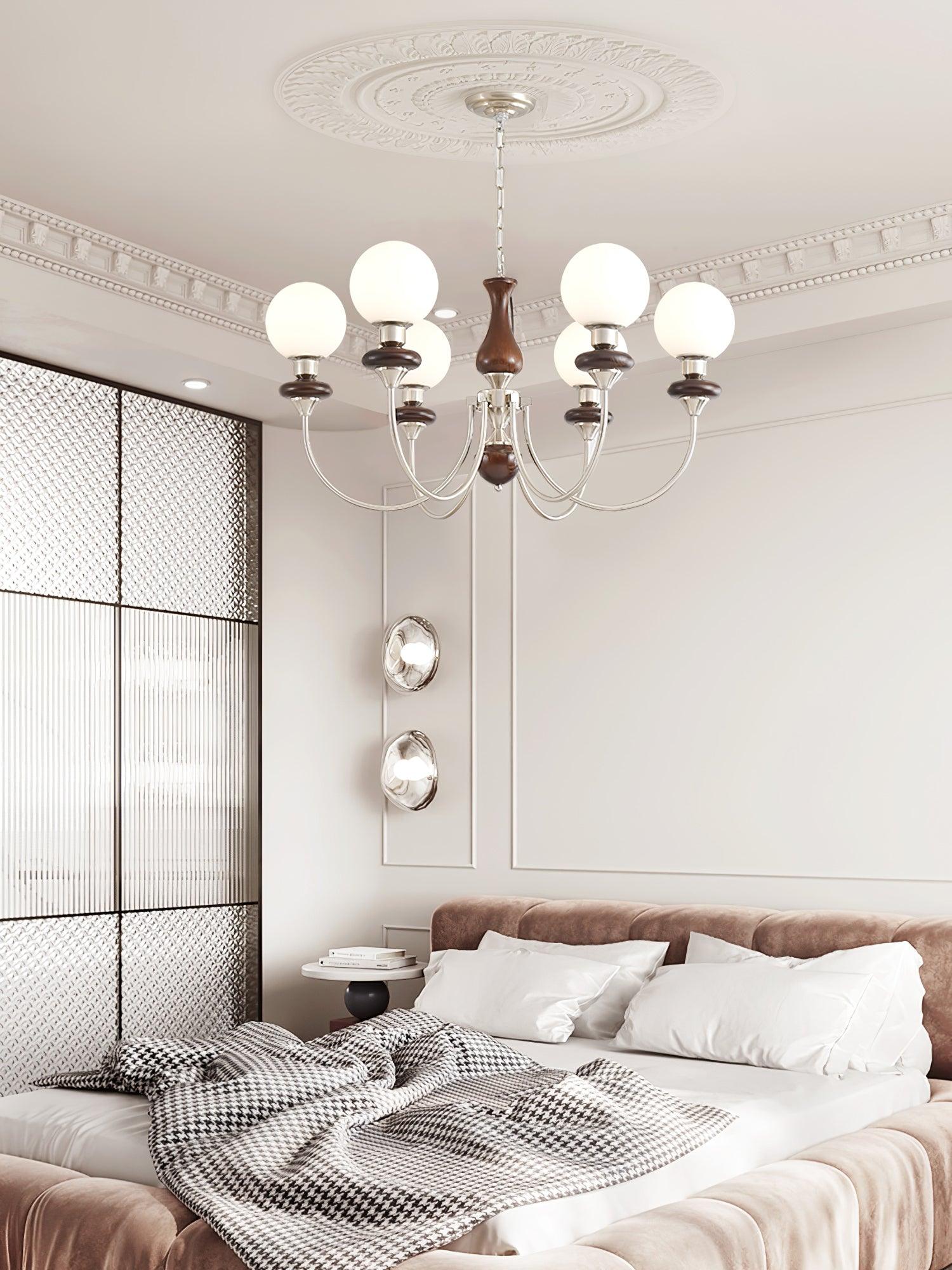 Vintage Walnut Wood and Solid Brass Gasolier Chandelier Retro Glass Globe Pendant Light