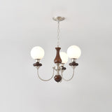 Vintage Walnut Wood and Solid Brass Gasolier Chandelier Retro Glass Globe Pendant Light