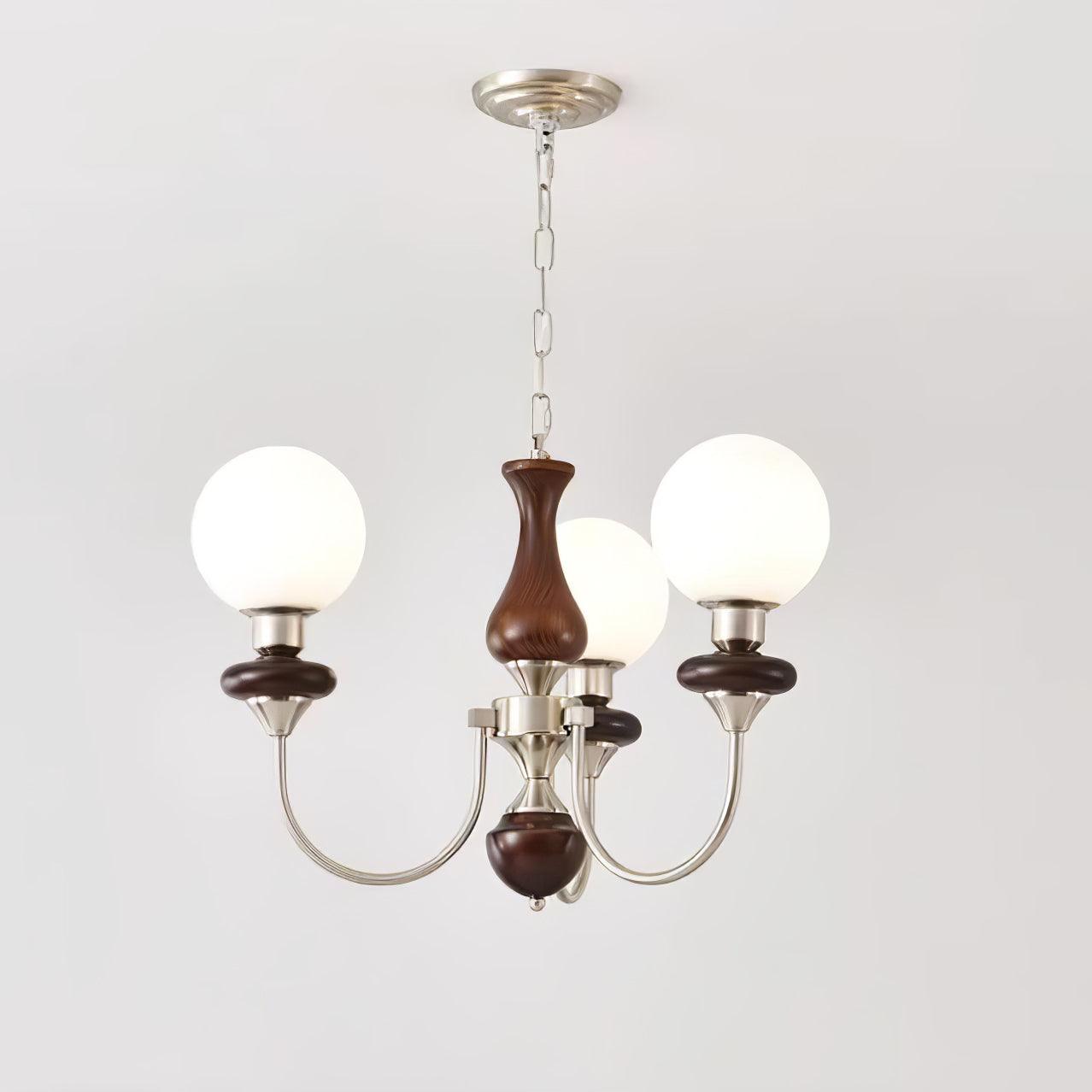 Vintage Walnut Wood and Solid Brass Gasolier Chandelier Retro Glass Globe Pendant Light