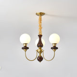 Vintage Walnut Wood and Solid Brass Gasolier Chandelier Retro Glass Globe Pendant Light