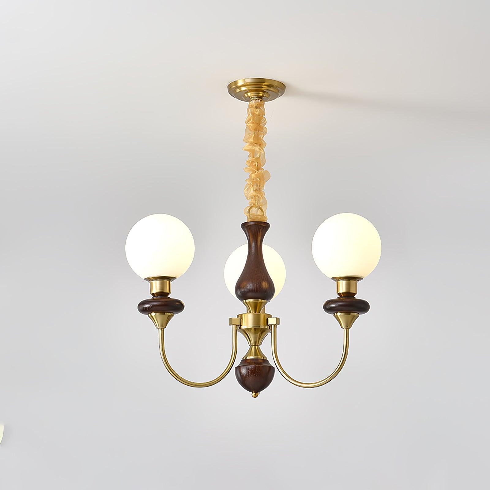 Vintage Walnut Wood and Solid Brass Gasolier Chandelier Retro Glass Globe Pendant Light