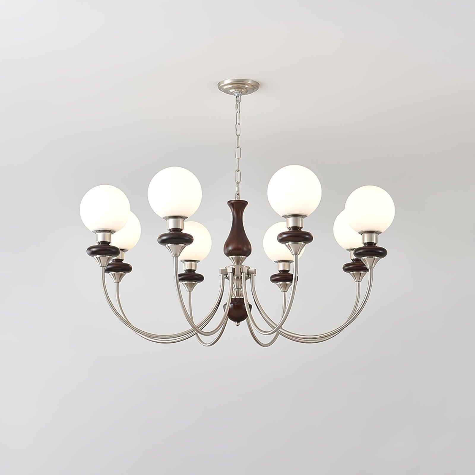 Vintage Walnut Wood and Solid Brass Gasolier Chandelier Retro Glass Globe Pendant Light