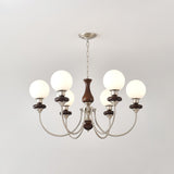 Vintage Walnut Wood and Solid Brass Gasolier Chandelier Retro Glass Globe Pendant Light