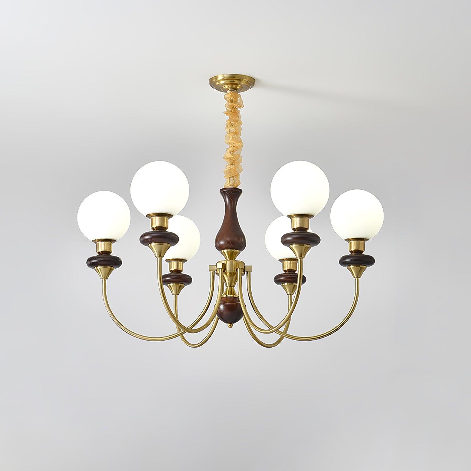 Vintage Walnut Wood and Solid Brass Gasolier Chandelier Retro Glass Globe Pendant Light