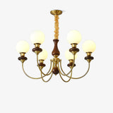 Vintage Walnut Wood and Solid Brass Gasolier Chandelier Retro Glass Globe Pendant Light
