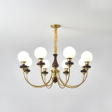 Vintage Walnut Wood and Solid Brass Gasolier Chandelier Retro Glass Globe Pendant Light