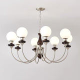 Vintage Walnut Wood and Solid Brass Gasolier Chandelier Retro Glass Globe Pendant Light