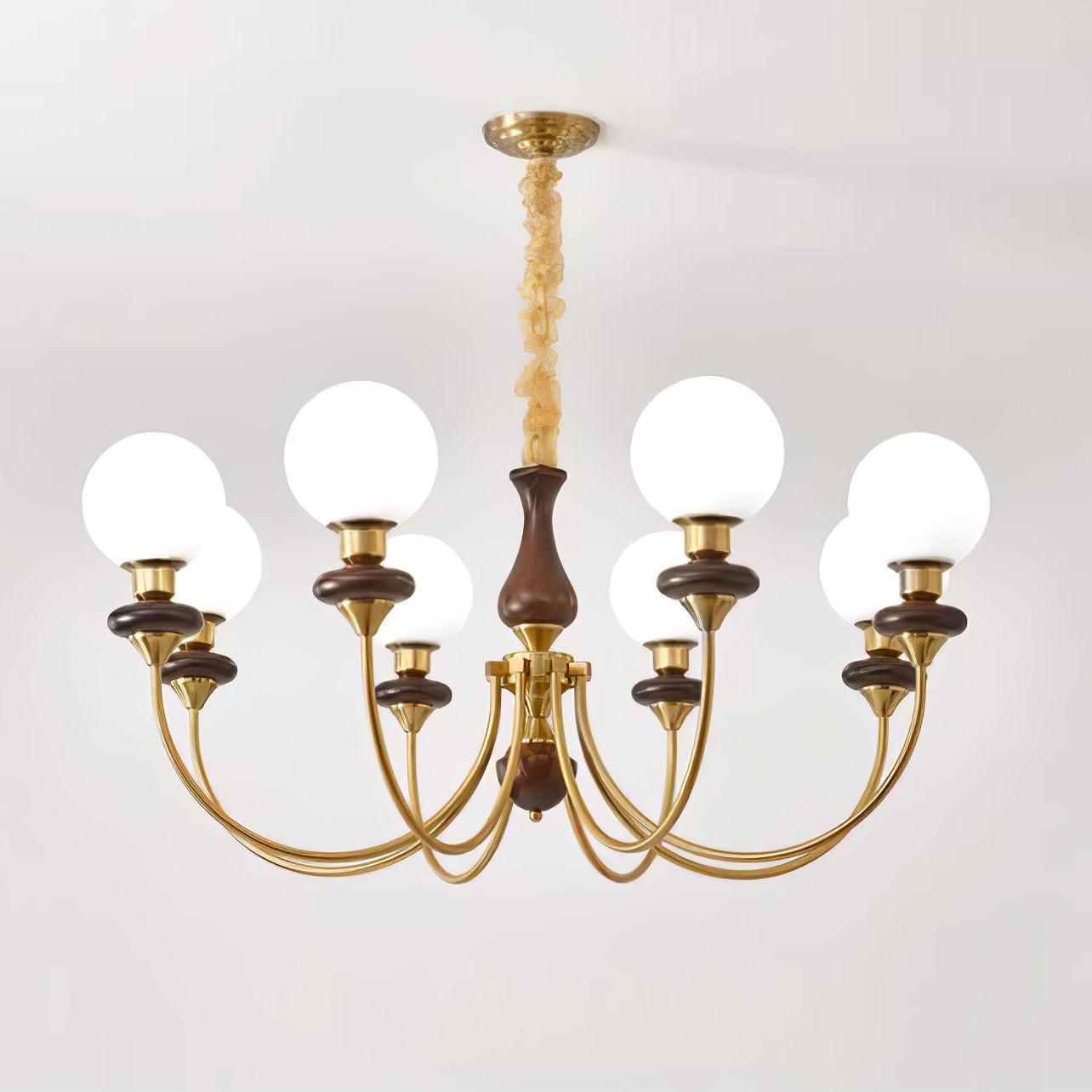 Vintage Walnut Wood and Solid Brass Gasolier Chandelier Retro Glass Globe Pendant Light