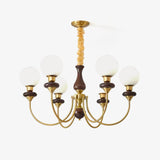 Vintage Walnut Wood and Solid Brass Gasolier Chandelier Retro Glass Globe Pendant Light