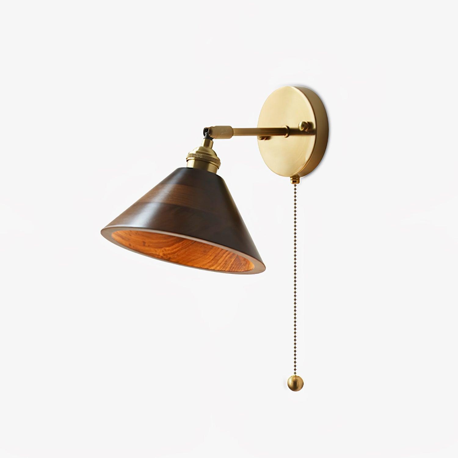 Vintage Walnut Wood Wall Sconce Brass Interior Lighting with Pull Cord Switch