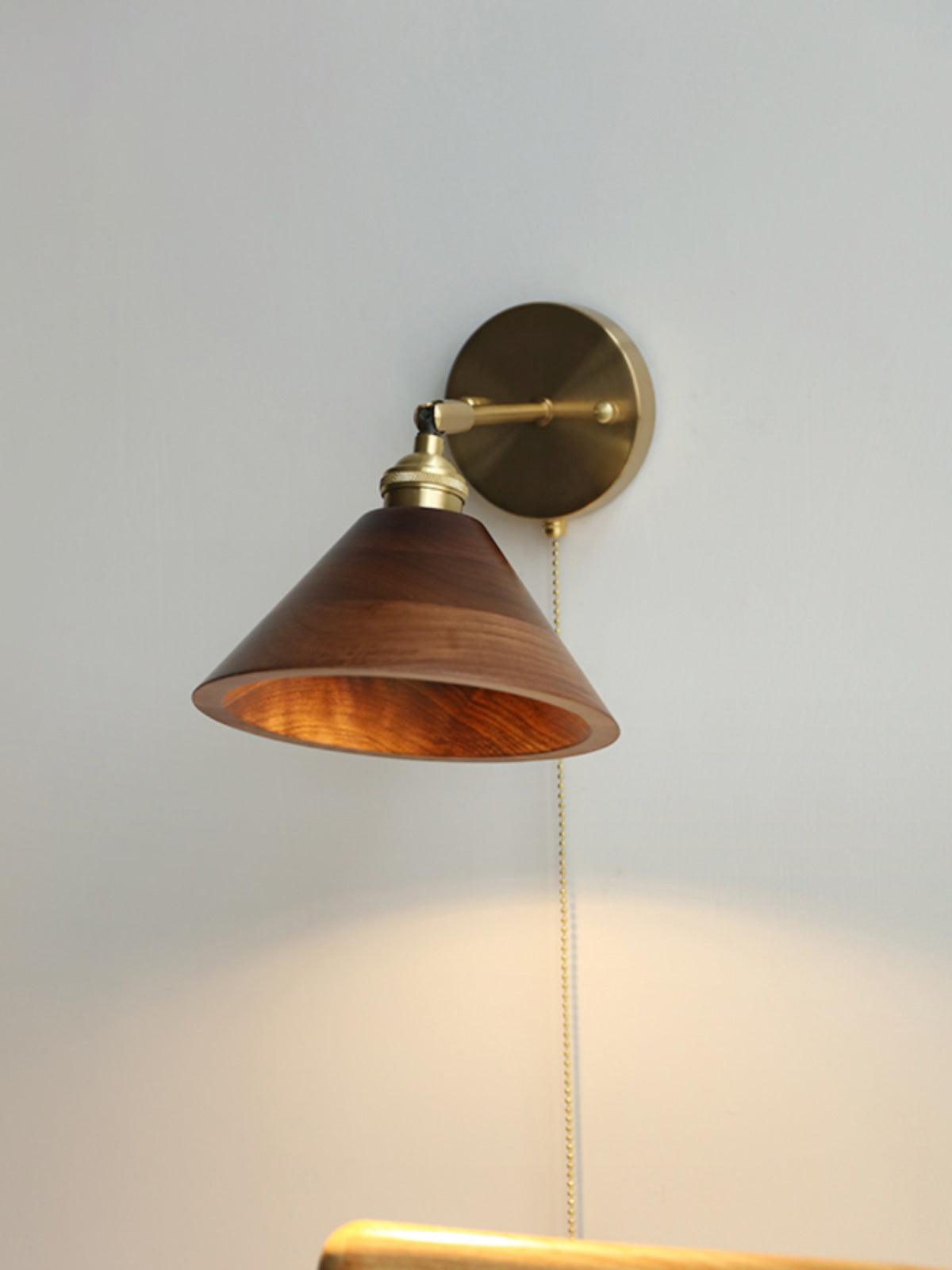 Vintage Walnut Wood Wall Sconce Brass Interior Lighting with Pull Cord Switch