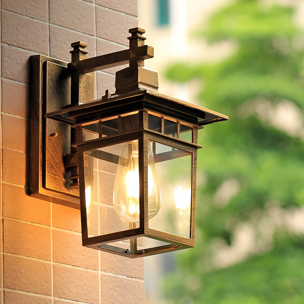 Vintage Waterproof Outdoor Wall Sconce Glass Lantern Exterior Light for Patio Courtyard Black