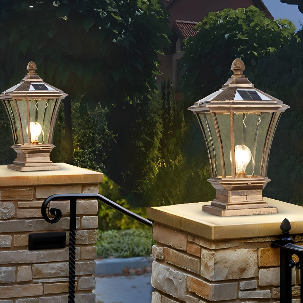 Vintage Waterproof Solar Fence Post Light LED Outdoor Retro Pillar Lamp with Remote Control