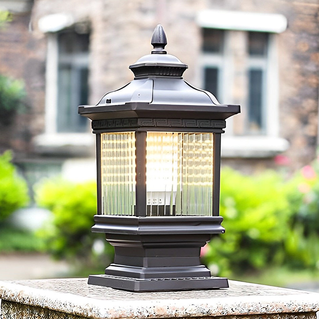Vintage Window Grille Glass Shade Solar Pillar Lantern Waterproof Outdoor Fence Post Light