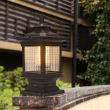 Vintage Window Grille Glass Shade Solar Pillar Lantern Waterproof Outdoor Fence Post Light