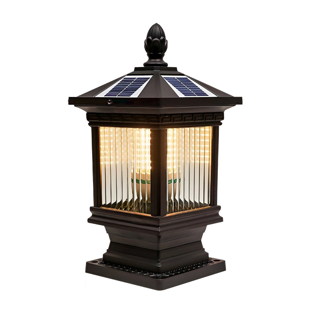 Vintage Window Grille Glass Shade Solar Pillar Lantern Waterproof Outdoor Fence Post Light