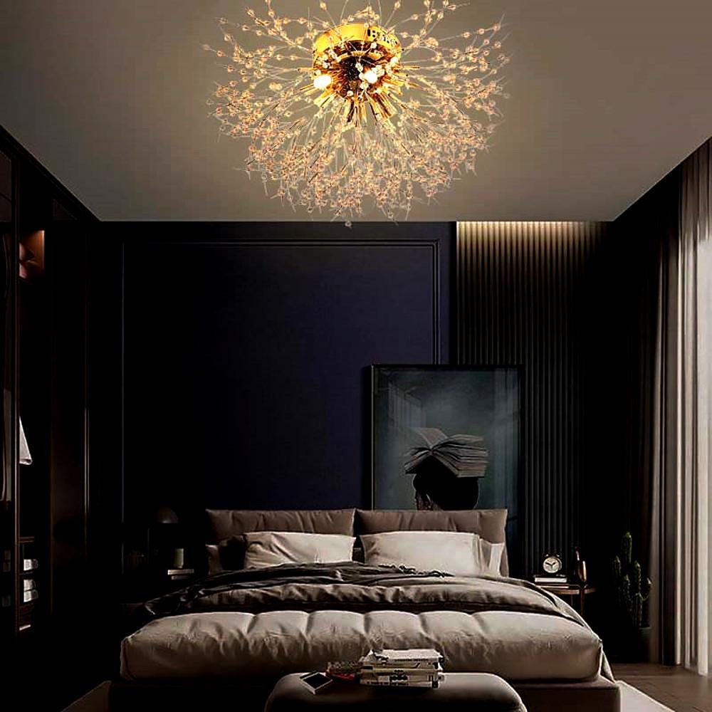Elegant Flower Branch Crystal Ceiling Lamp 6 Light Brass Flush Mount Lighting