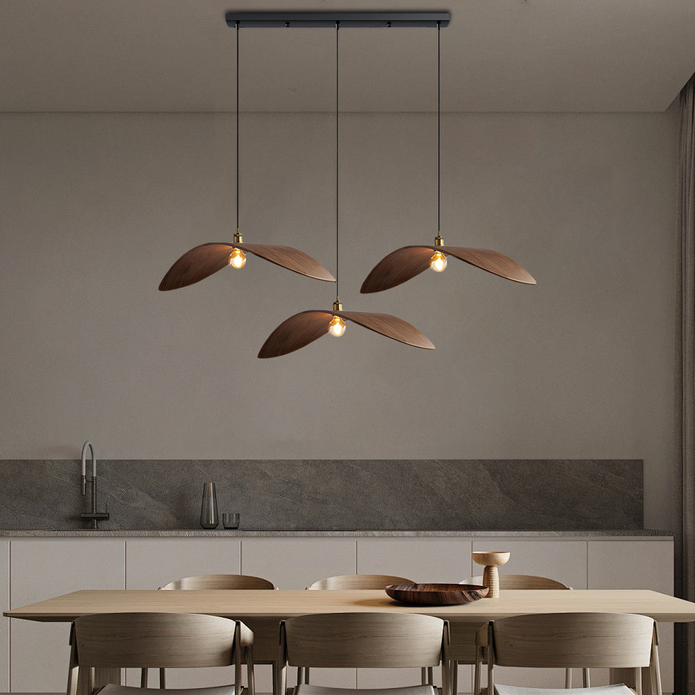 Walnut Leaf Curved Wooden Pendant Light Wabi Sabi Natural Wood Chandelier for Bar and Dining Room