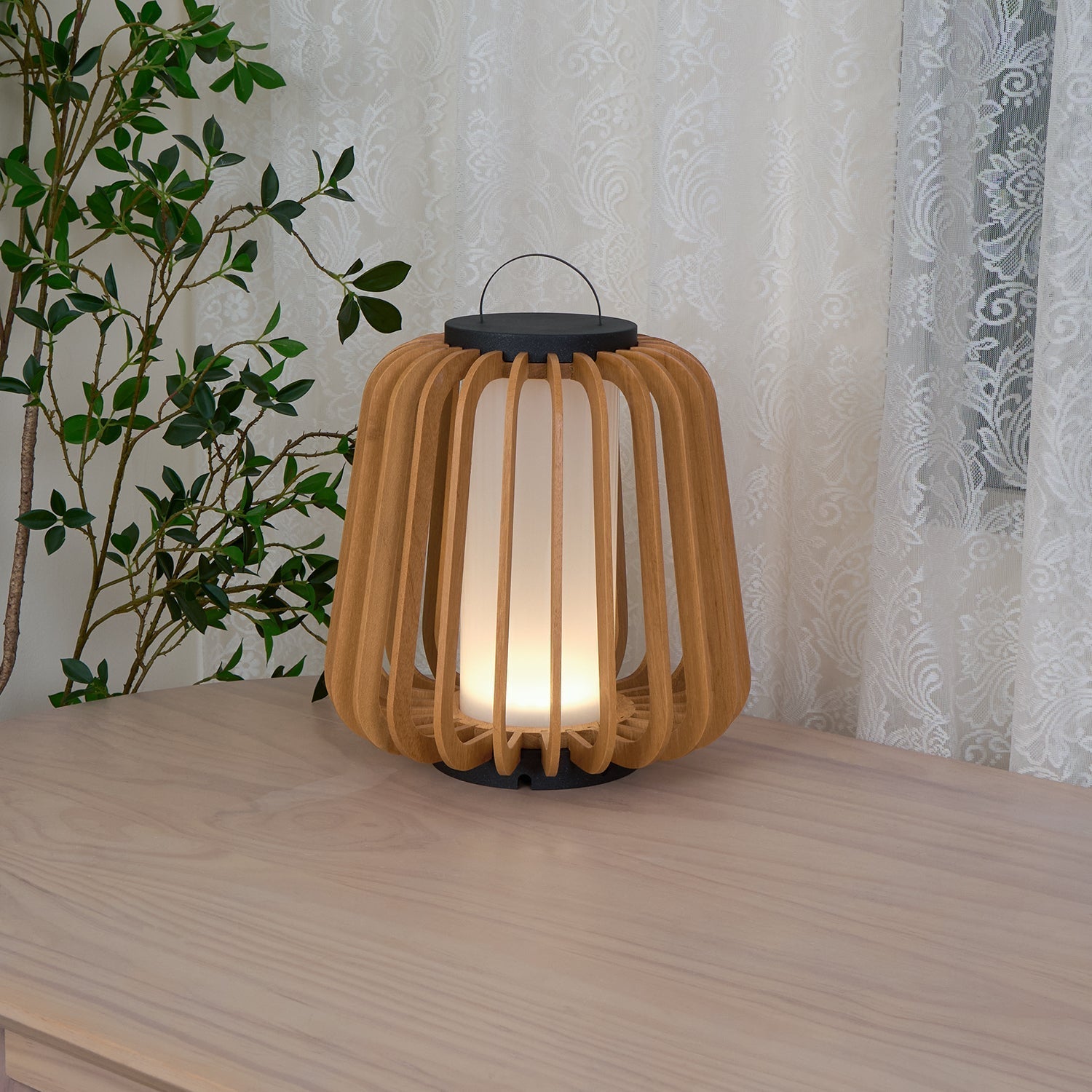 Waterproof Outdoor Portable Lantern for Patio Garden and Camping with Teak Wood Accents