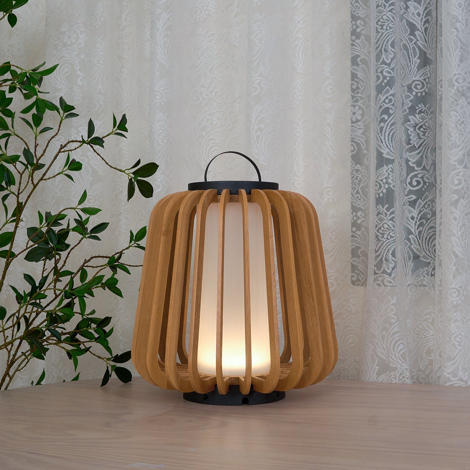 Waterproof Outdoor Portable Lantern for Patio Garden and Camping with Teak Wood Accents