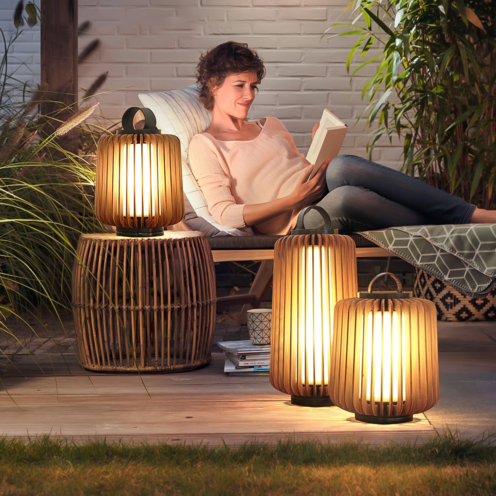 Waterproof Outdoor Portable Lantern for Patio Garden and Camping with Teak Wood Accents