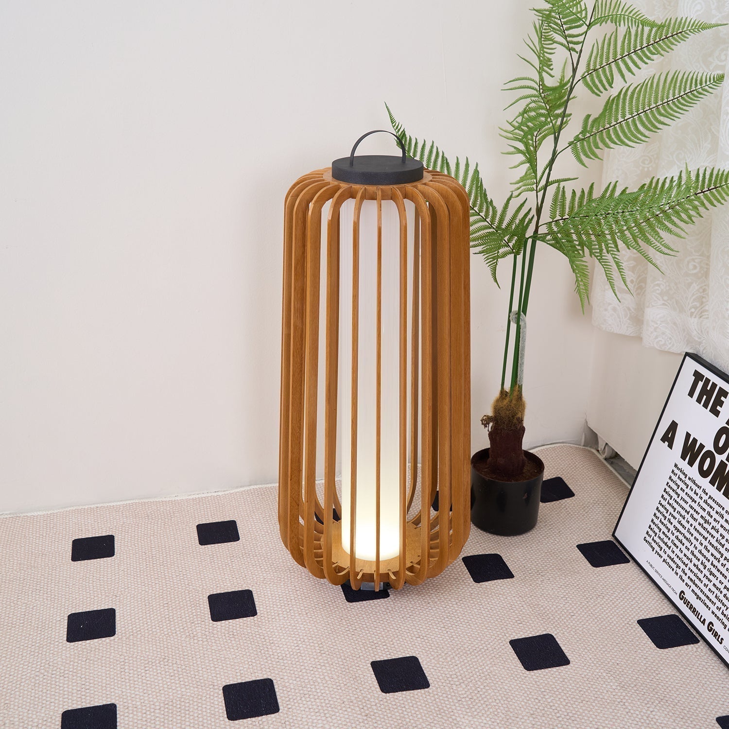 Waterproof Outdoor Portable Lantern for Patio Garden and Camping with Teak Wood Accents