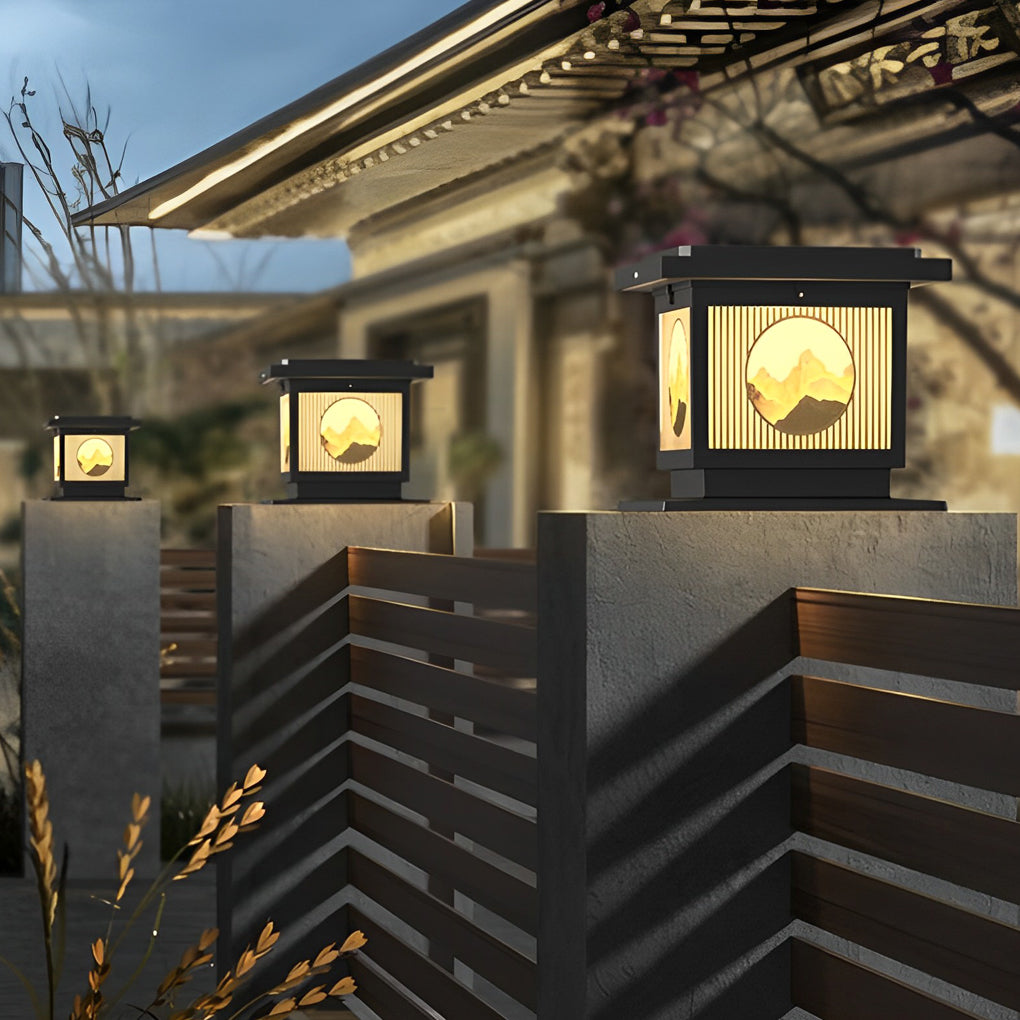 Waterproof Retro Square Solar Post Cap Light for Outdoor Fence with Mountain Scenery Design