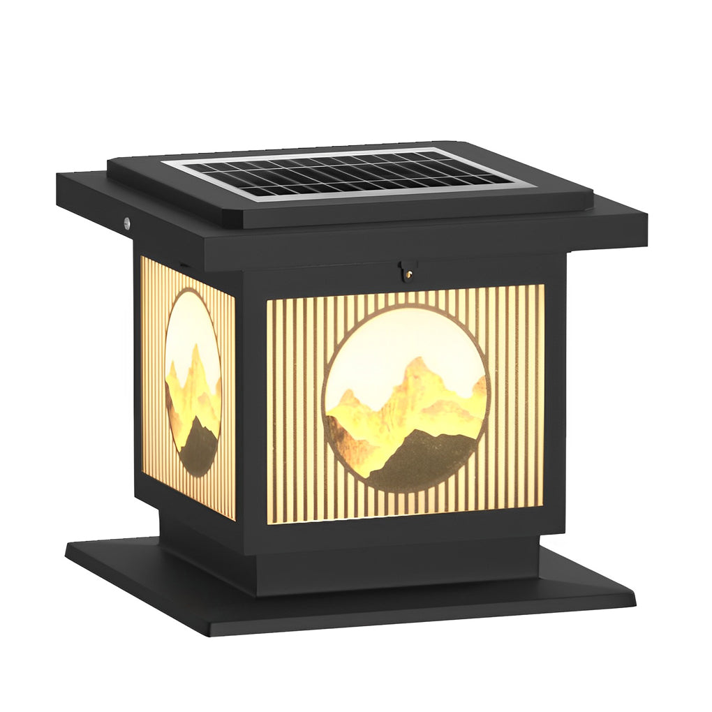Waterproof Retro Square Solar Post Cap Light for Outdoor Fence with Mountain Scenery Design