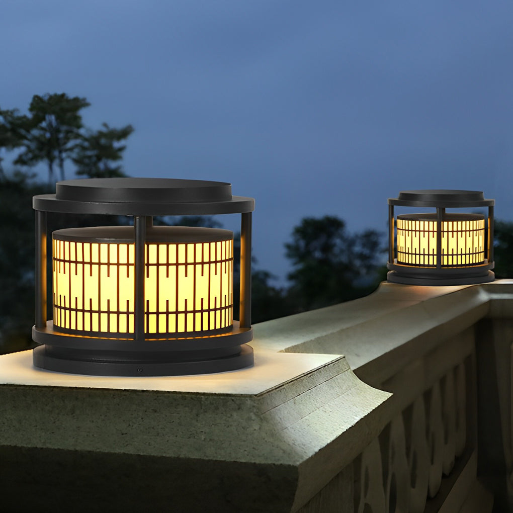 Waterproof Solar Fence Post Lights Retro Pattern Black LED Outdoor Pillar Lantern for Villa Garden