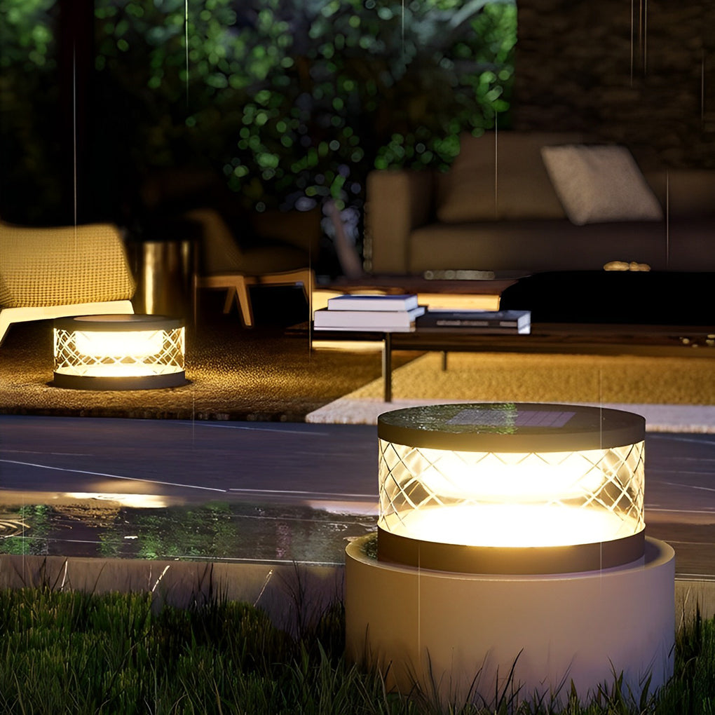 Waterproof Solar Powered Post Cap Lights Modern Black Round Outdoor Fence Lanterns for Deck and Garden