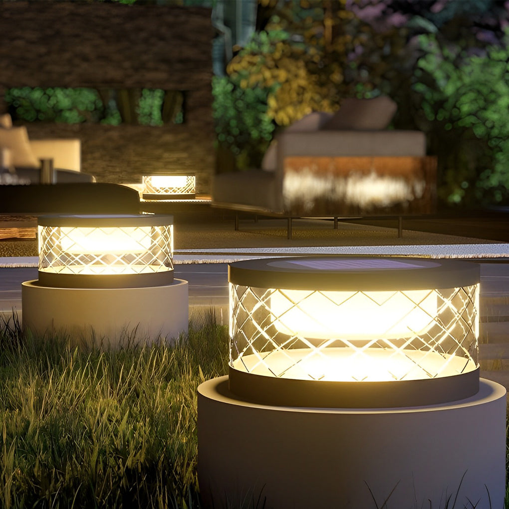 Waterproof Solar Powered Post Cap Lights Modern Black Round Outdoor Fence Lanterns for Deck and Garden