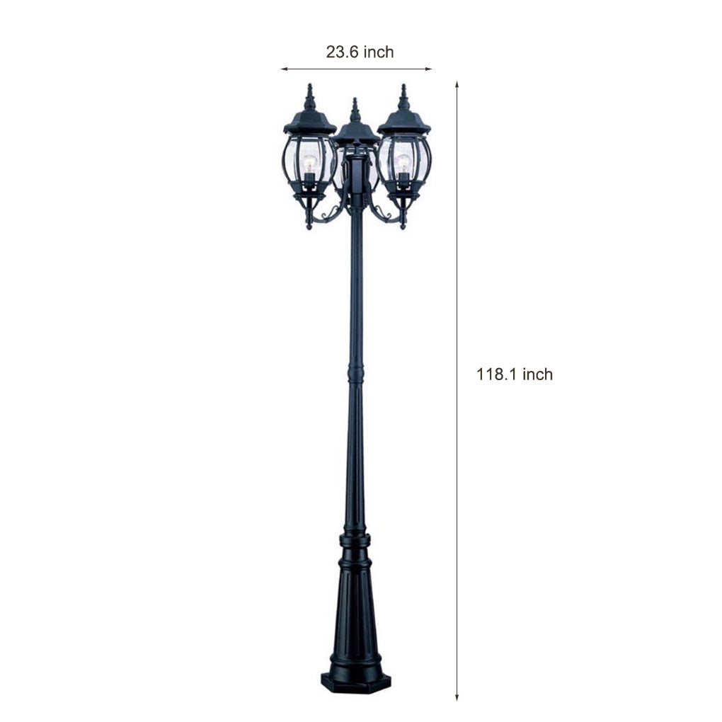 Waterproof Triple Head European Garden Street Light Post for Yard and Path Lighting in Black