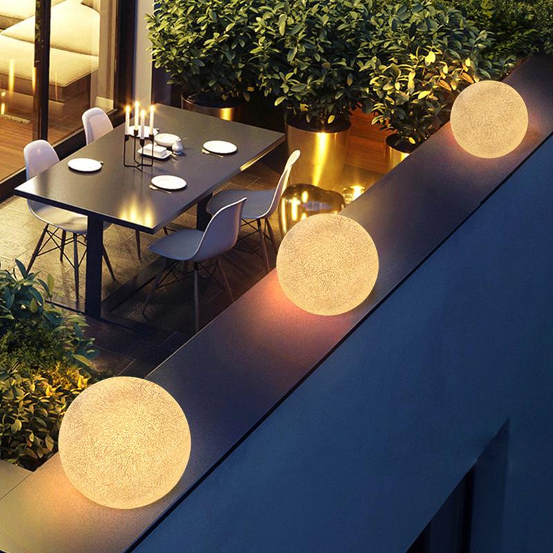 Waterproof White Resin Moon Ball LED Outdoor Post Light Modern Round Fence Sphere Lighting