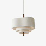 Wave Ladder Fabric Drum Pendant Light with Walnut Wood and Chrome Accents for Interior Lighting