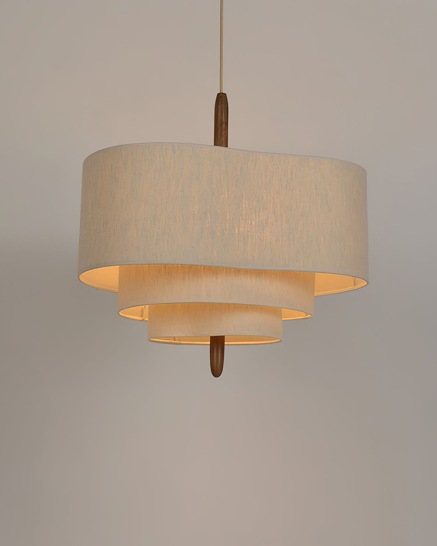 Wave Ladder Fabric Drum Pendant Light with Walnut Wood and Chrome Accents for Interior Lighting
