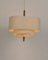 Wave Ladder Fabric Drum Pendant Light with Walnut Wood and Chrome Accents for Interior Lighting