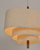 Wave Ladder Fabric Drum Pendant Light with Walnut Wood and Chrome Accents for Interior Lighting