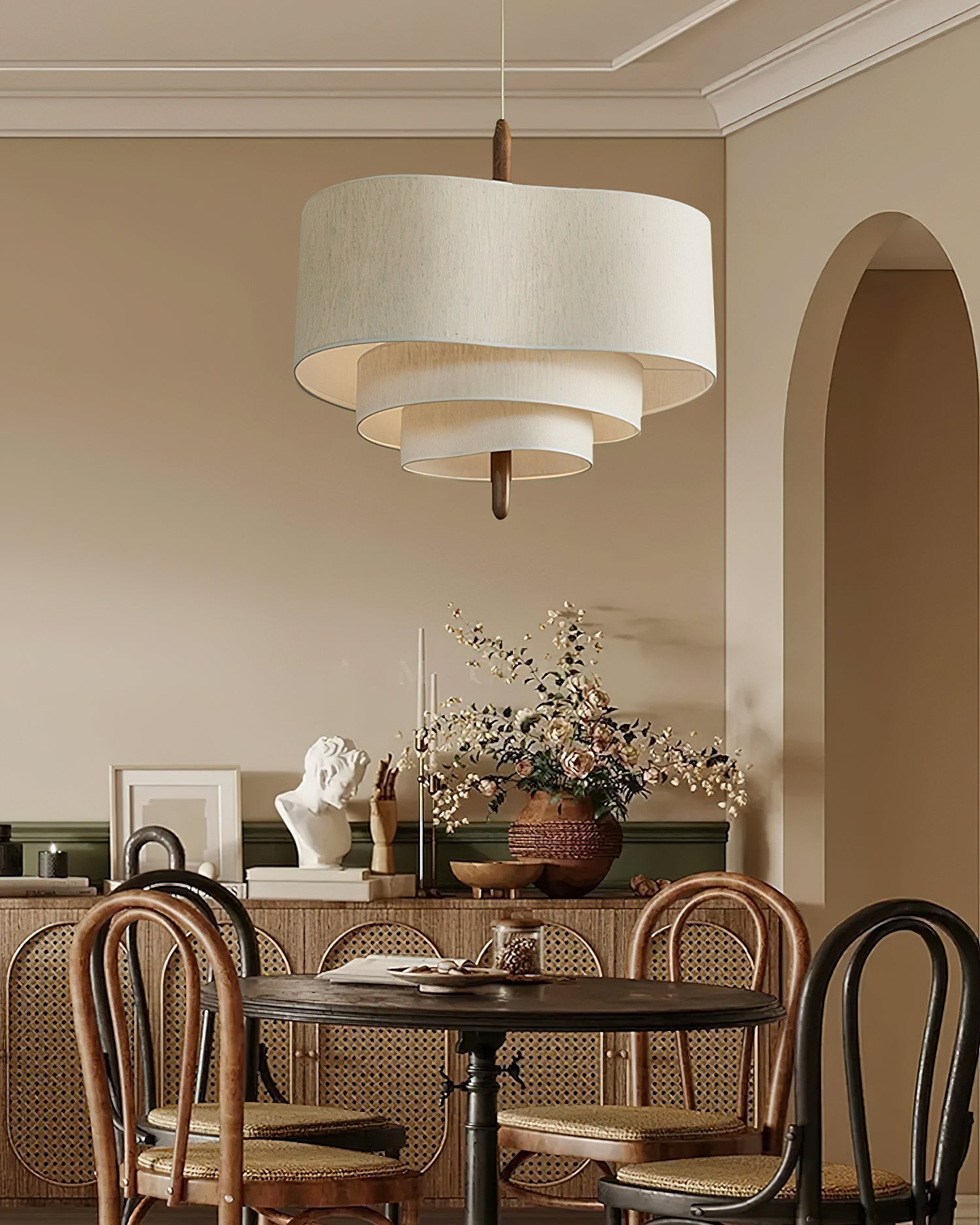 Wave Ladder Fabric Drum Pendant Light with Walnut Wood and Chrome Accents for Interior Lighting