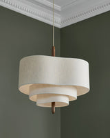 Wave Ladder Fabric Drum Pendant Light with Walnut Wood and Chrome Accents for Interior Lighting